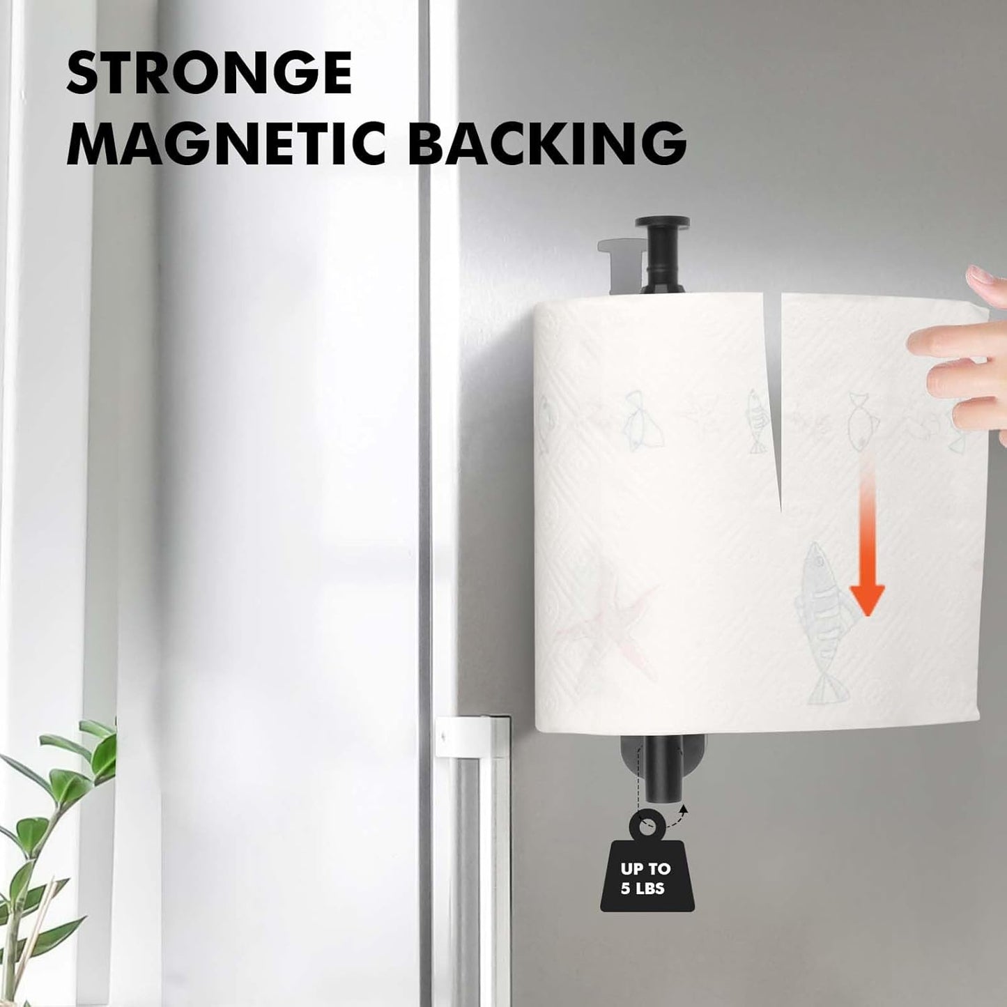 Magnetic Paper Towel Holder, One Hand Operable Paper Towel Holder Wall Mount Self Adhesive and Strong Magnetic Backing for Kitchen Refrigerator Grill RV(Black)