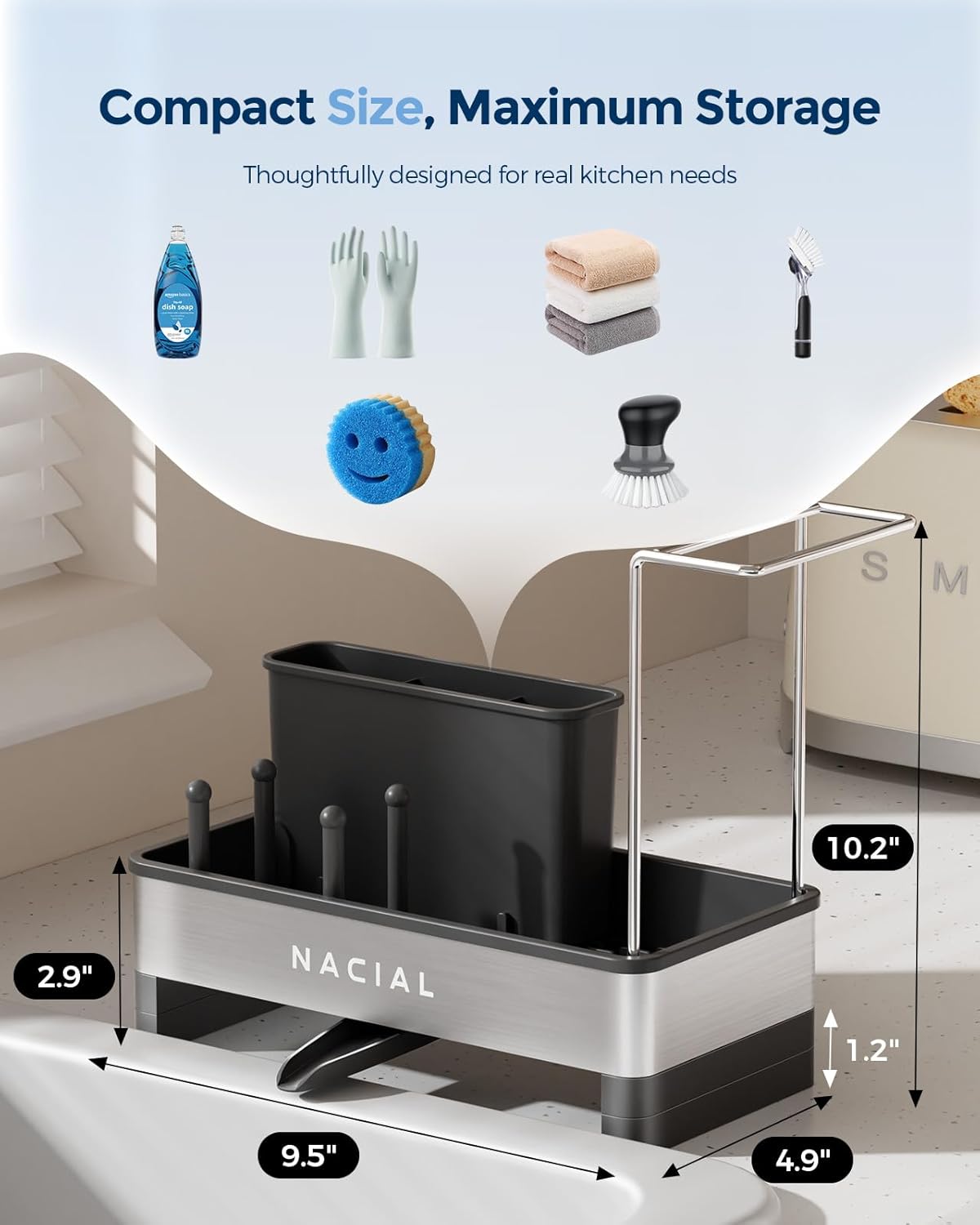 Kitchen Sink Caddy Organzier with High Brush Holder