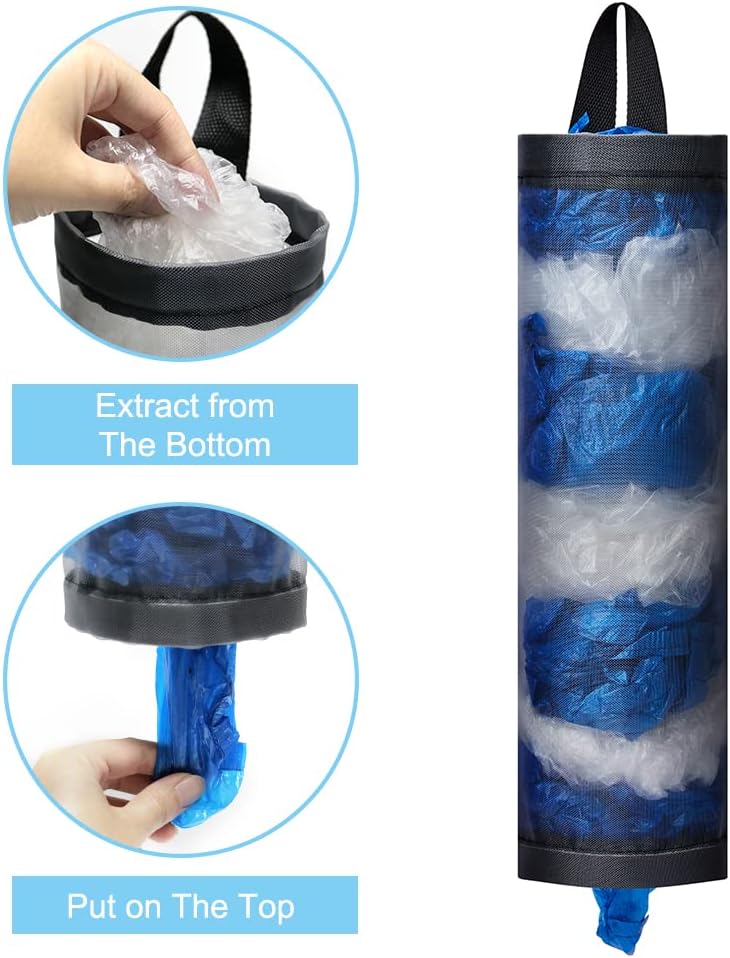 Bag Holder for Plastic Bags, 2 Pcs Polyester Grocery Bag Holder Plastic Dispenser Foldable Breathable Washable Hanging Mesh Garbage Bag Organizer for Kitchen Plastic Bag Storage (Gray)