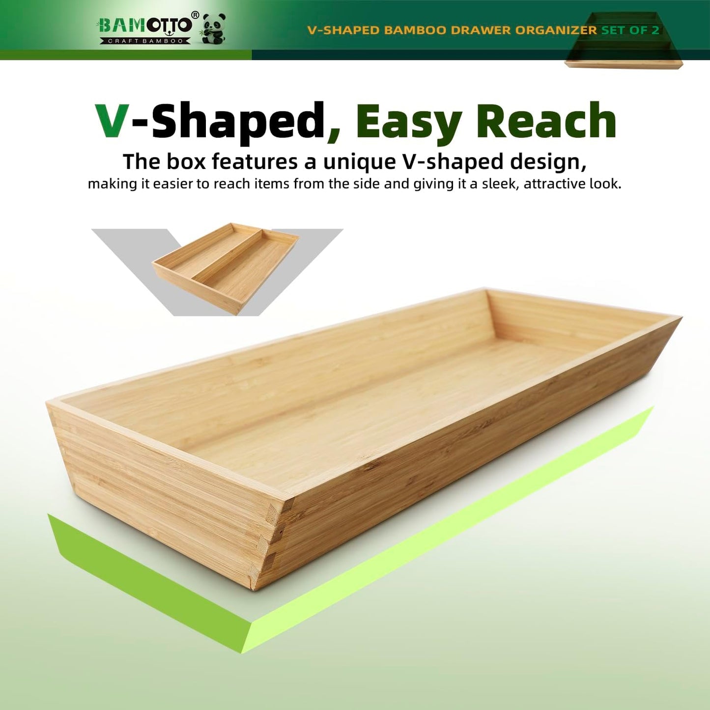 V-Shaped 2-Pack 19.6" Long Bamboo Drawer Organizer Box