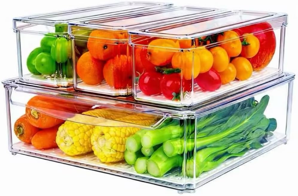 4 Pack Fridge Organizer, Stackable Refrigerator Organizer Bins with Lids