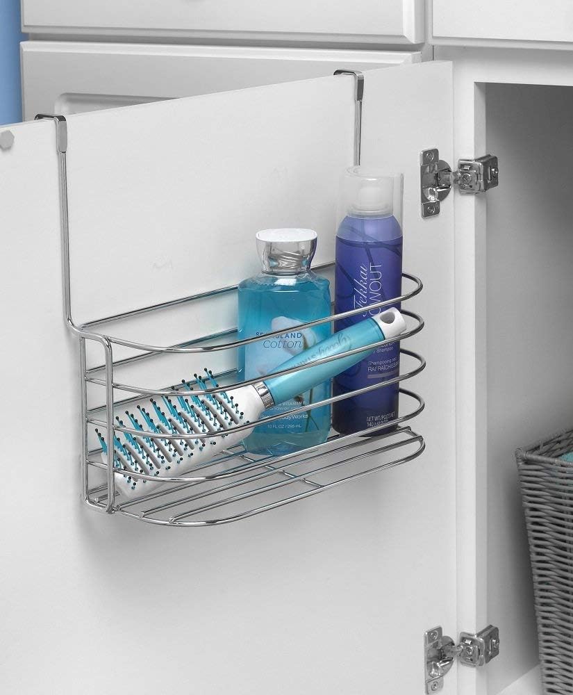Spectrum Duo Over Cabinet Towel Holder and Cabinet Basket Medium for Kitchen Towel Under Sink Storage, Durable Steel Over the Cabinet Door Towel Bar Organizer with No Drill Installation, Chrome