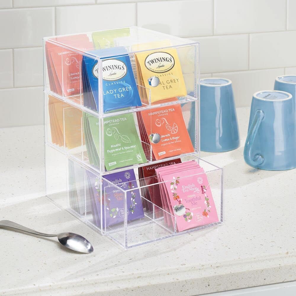 Plastic Wide Kitchen Pantry, Cabinet, Countertop Organizer Storage Station with 3 Drawers for Coffee, Tea, Sugar Packets, Sweeteners, Creamers, Drink Pods, Packets; 18 Sections - Clear