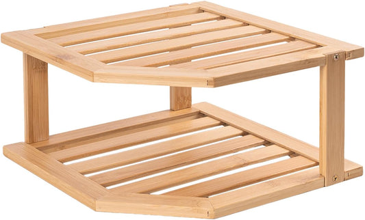 Bamboo Corner Shelf,2 Tier Plate Organizer for Cabinet and Countertop,Pantry Dish and Spice Rack for Kitchen