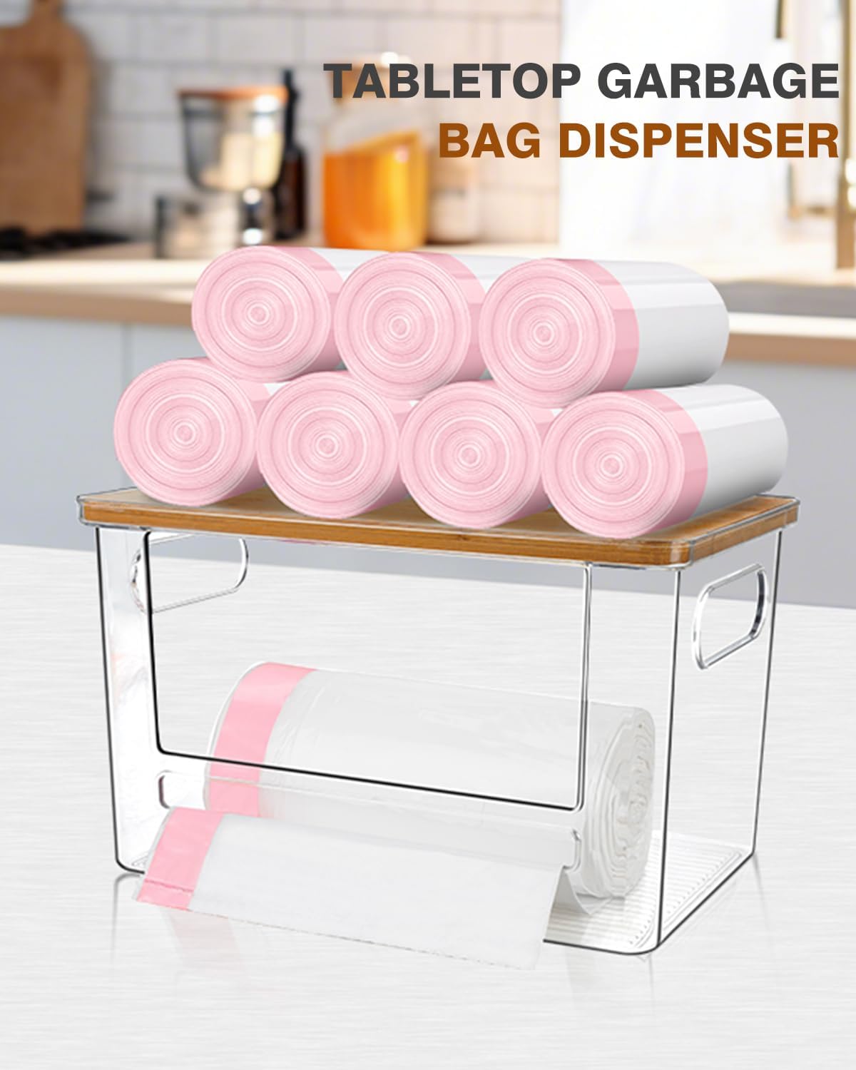 Trash Bag Holder, Acrylic Garbage Bag Dispenser with Bamboo Top