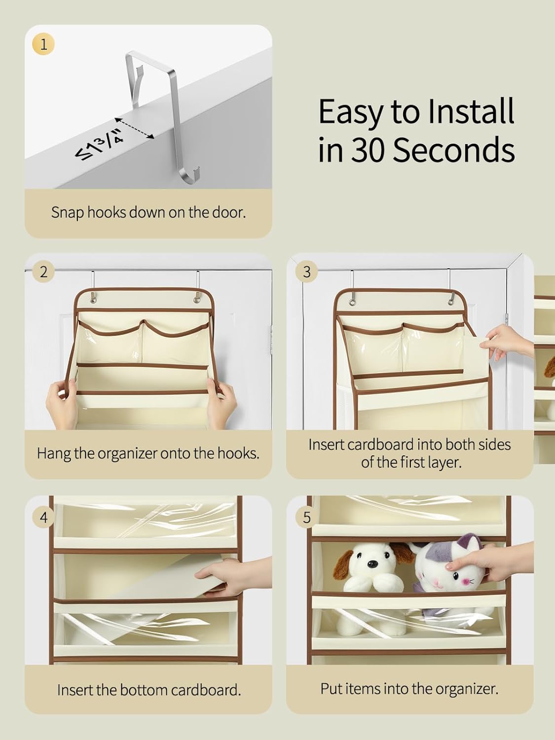 5 Tier 1Pc Over the Door Organizer, Swing-proof Door Organizer Hanging with Clear PVC Windows