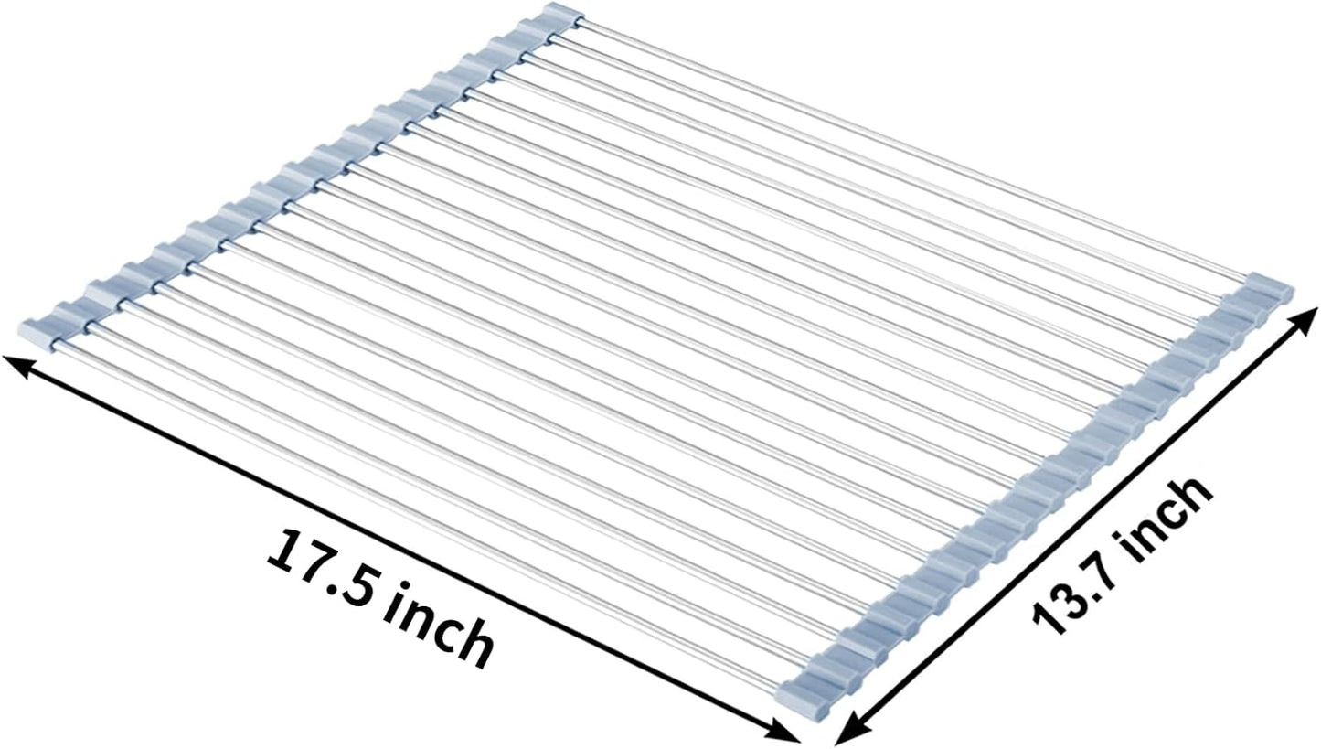 Over The Sink Dish Drying Rack, Stainless Steel Roll Up Dish Drying Rack Kitchen Dish Rack Sink Drying Rack, Foldable Dish Drainer, 17.5''x13.7''