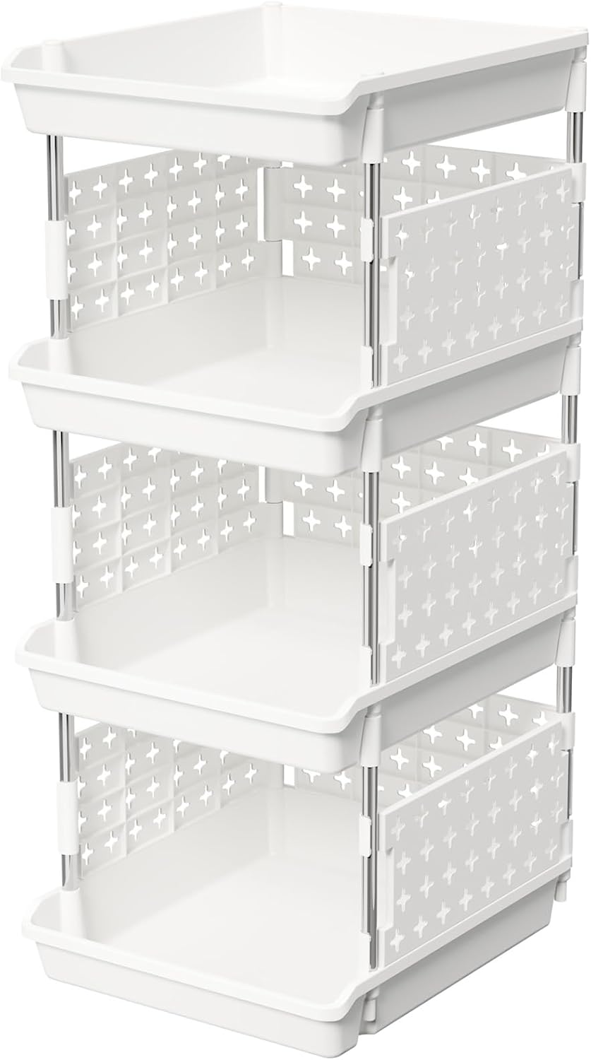 Plastic Stackable Storage Baskets, 4 Tier Stacking Bins for Food and Clothes