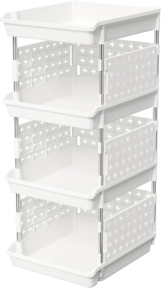 Plastic Stackable Storage Baskets, 4 Tier Stacking Bins for Food and Clothes