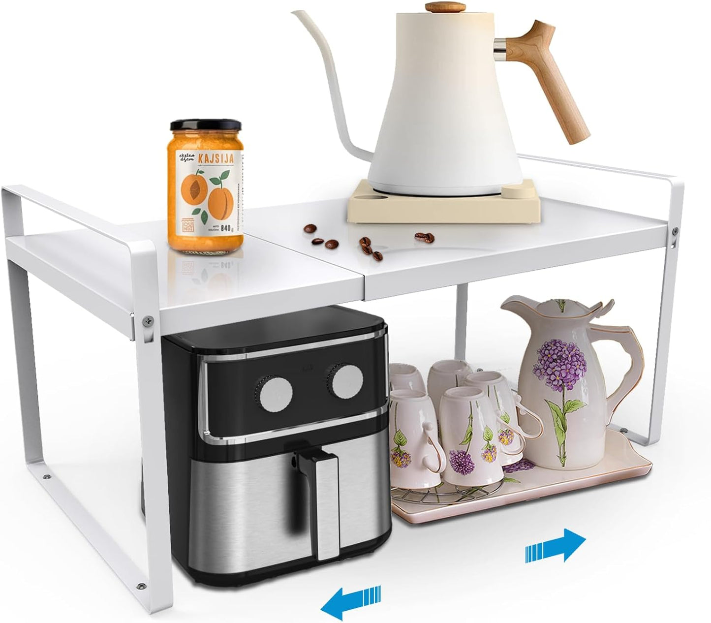 Expandable Cabinet Countertop Shelves, 11" Deep Cabinet Shelf Organizer Riser for Kitchen Pantry Cupboard Under Sink Countertop Organization Storage, Adjustable Metal Organizer Shelf with Nonslip Legs