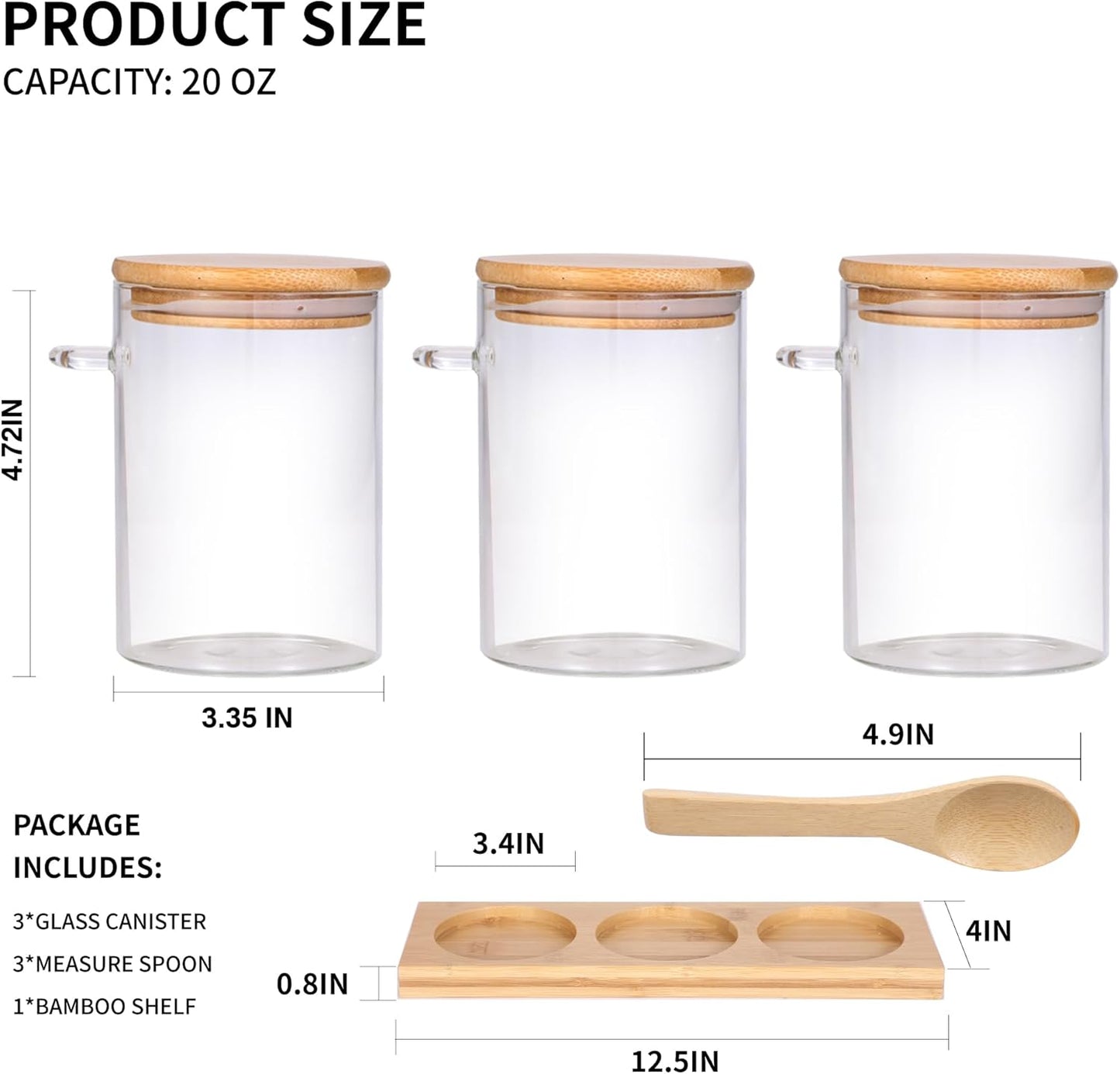 Glass Spice Storage Container with Spoon, 3PCS 20oz Airtight Sealed Condiment Jar with Tray