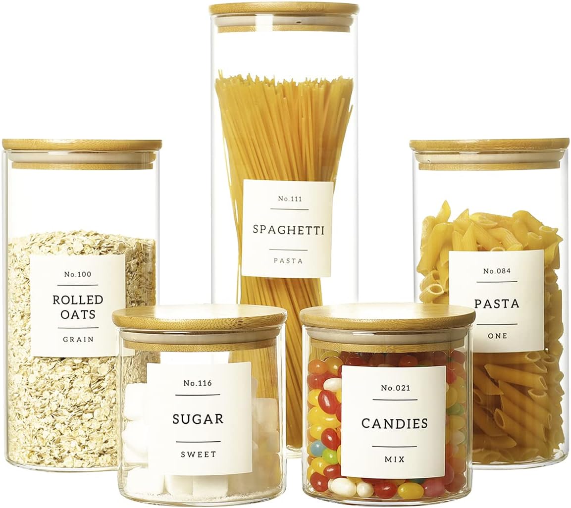 5 Pcs Glass Food Storage Containers With 132 Pantry Labels Preprinted