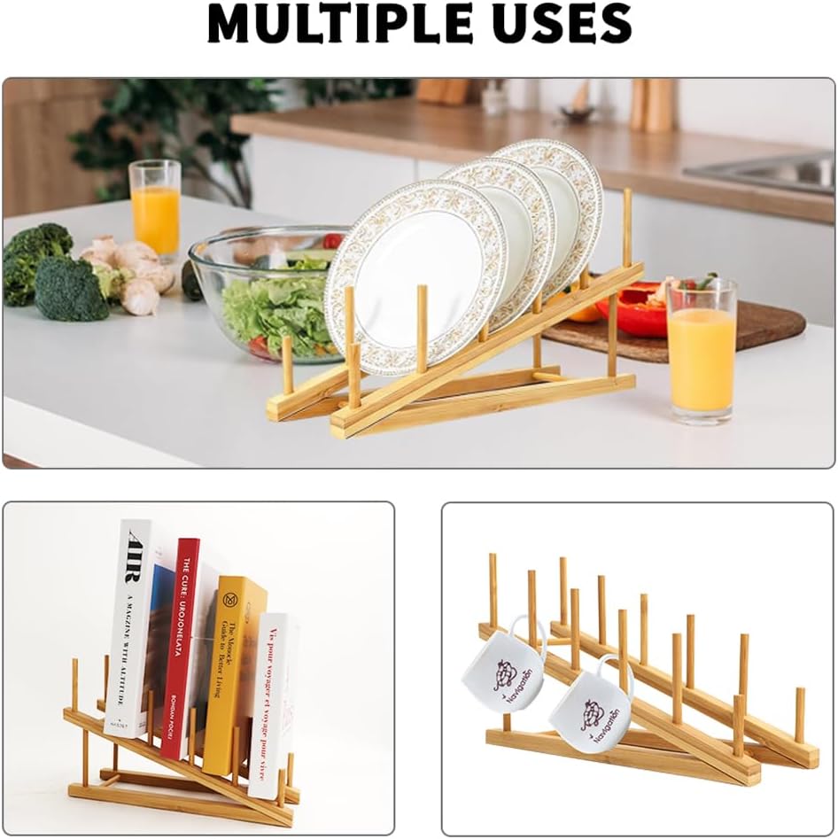 4 PCS Wooden Dish Drying Rack Bamboo Plate Dish Rack Stand Kitchen Cabinet Organizer Pot Lid Holder for Plate, Dish, Cup, Cutting Board, Bowl, Pot Lid