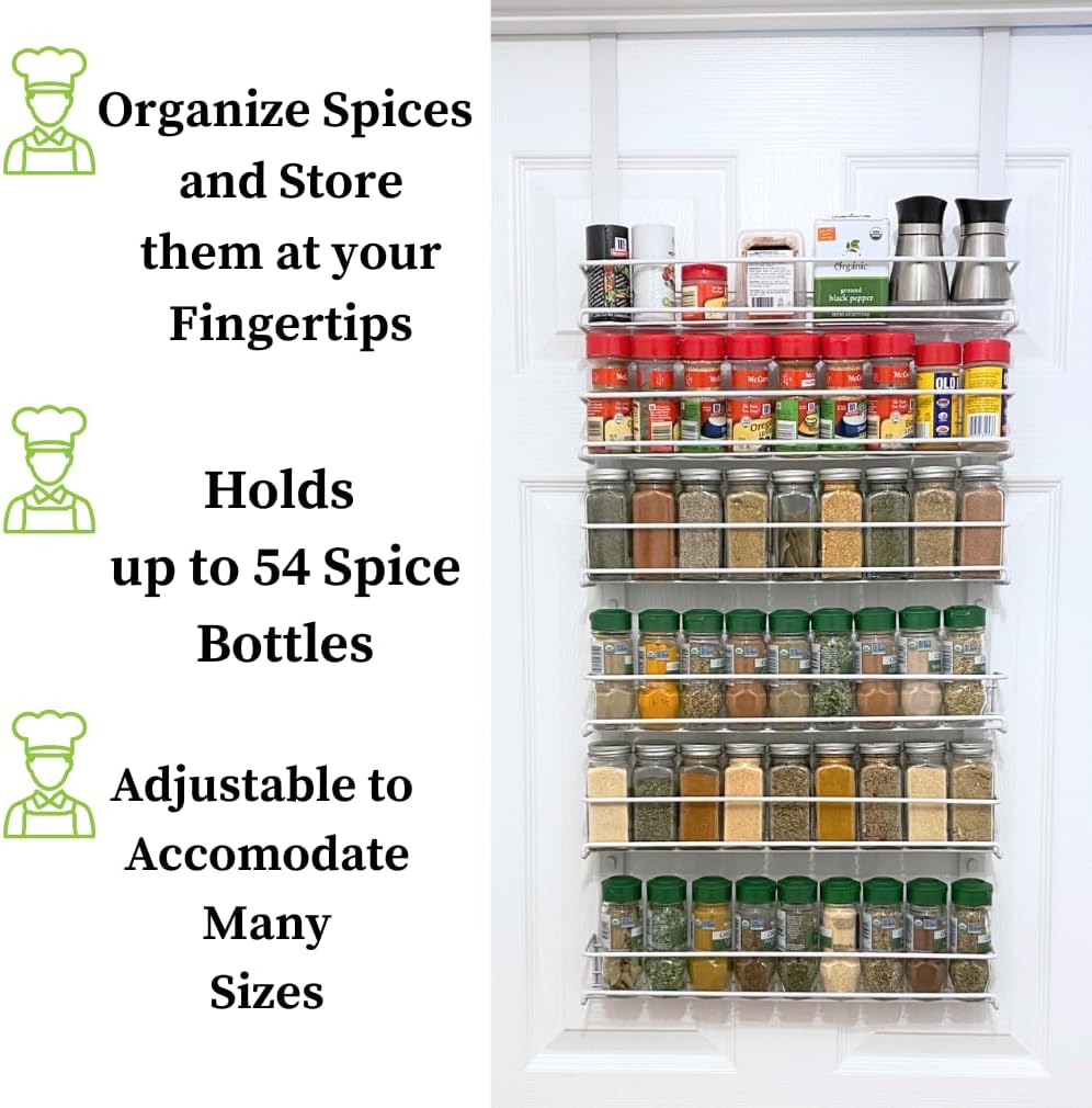 Over the Door Pantry Spice Rack Organizer -6 Tier -Holds up to 54 Spices- Adjustable Metal Baskets for Kitchen, Bathroom Storage & Organization (White) No Tool Easy Install