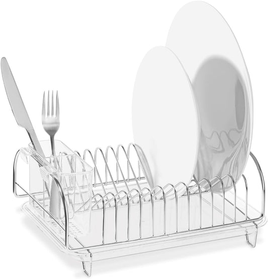 Stainless Steel Dish Drainer with Clear Plastic Tray and Cutlery Holder