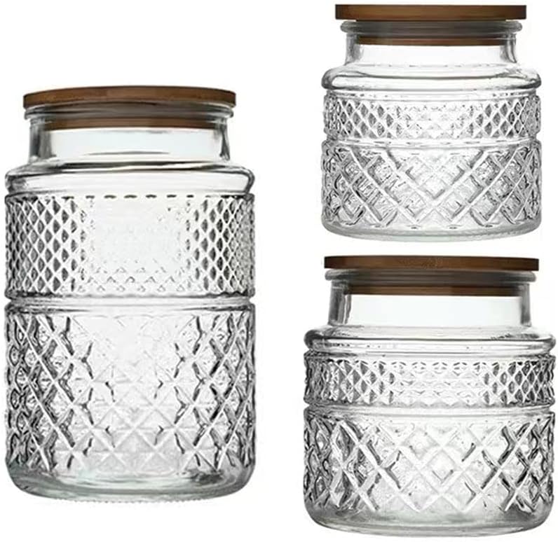 Glass Storage Jars Vintage Embossed Canisters Food Cereal Storage Containers with Bamboo Lid