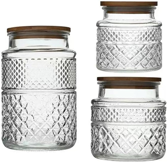 Glass Storage Jars Vintage Embossed Canisters Food Cereal Storage Containers with Bamboo Lid