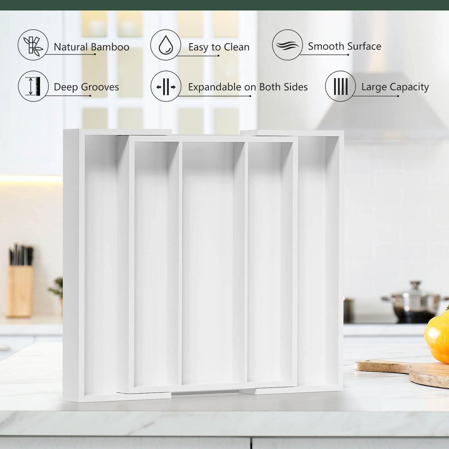 Utensil Organizer for Kitchen Drawers - Bamboo Silverware Tray Expandable 5 Slots Drawer Organizer for Office and Pantry Supplies W13.7-19.9" x L17.6 X H2.5 (White)