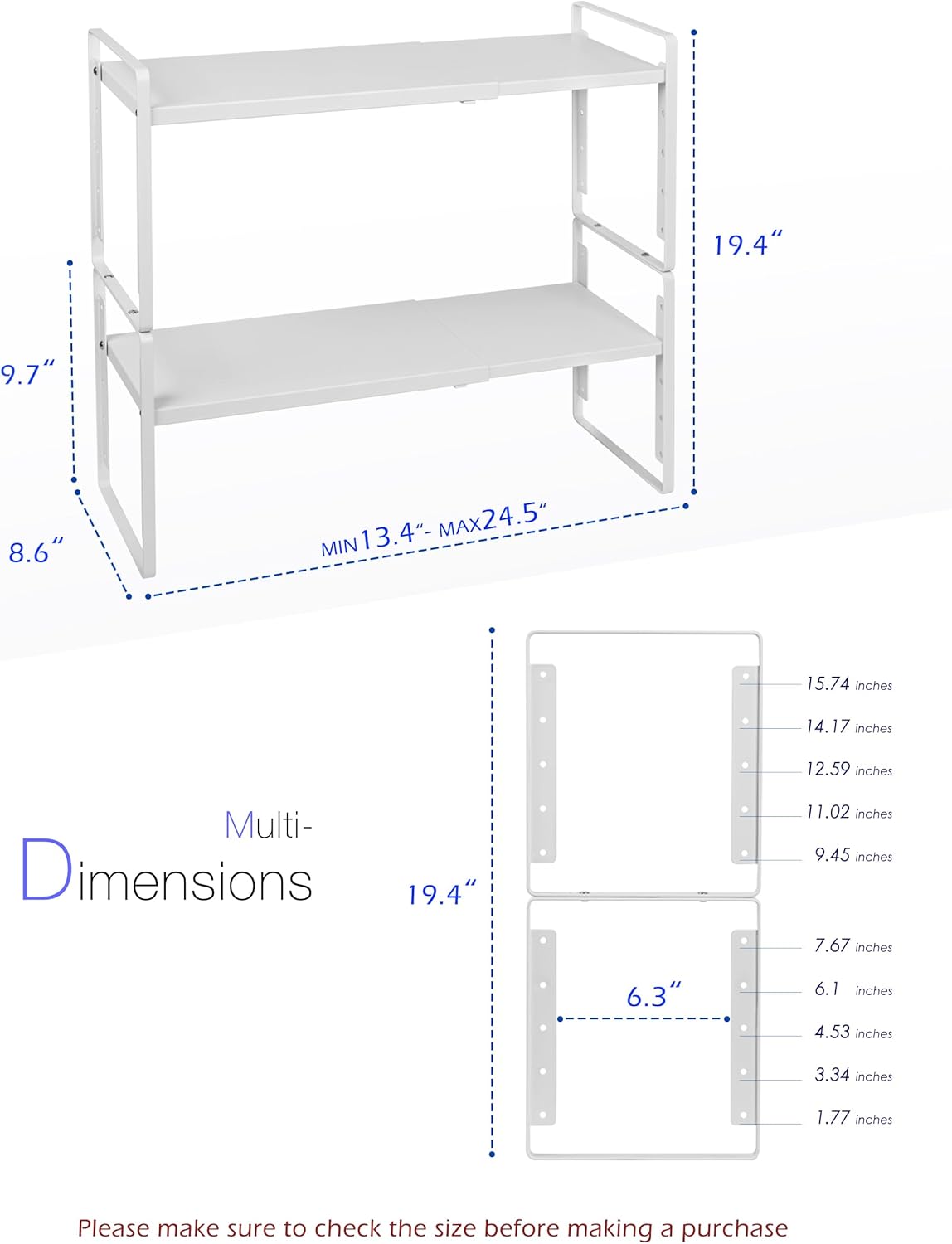 2Pack Cabinet Shelf Organizer Expandable 5 Heights Adjustable Stackable Rack Riser for Kitchen Pantry Cupboard Under Sink Organization Storage Space Saver Heavy Duty Metal White