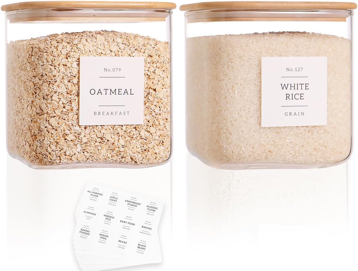 2 Pack Square Glass Flour and Sugar Containers with 132 Kitchen Pantry Labels