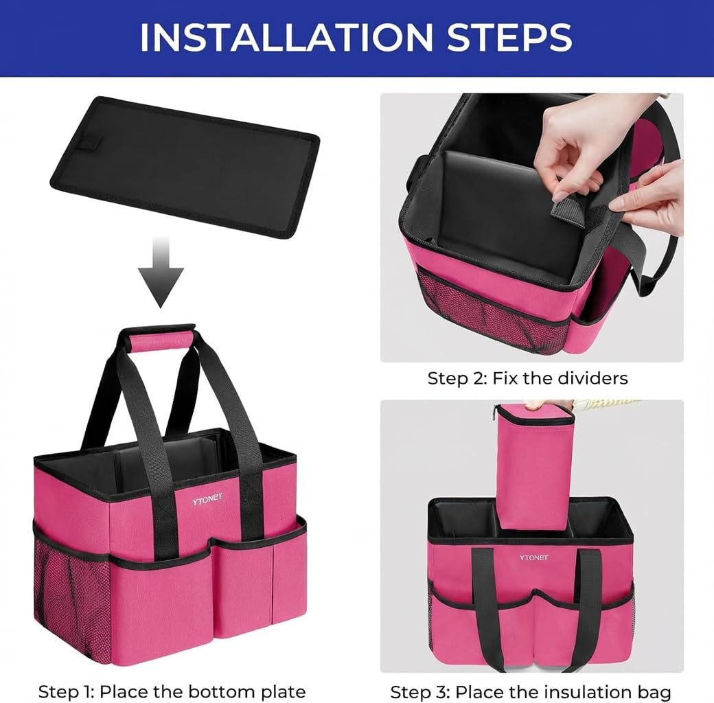 Cleaning Caddy, Water Resistant Cleaning Supplies Organizer with Handle & Foldable Divider for Cleaners, Housekeeping Tote for Kitchen & Bathroom, Car Tool Caddy Organizer Bag, Rosered