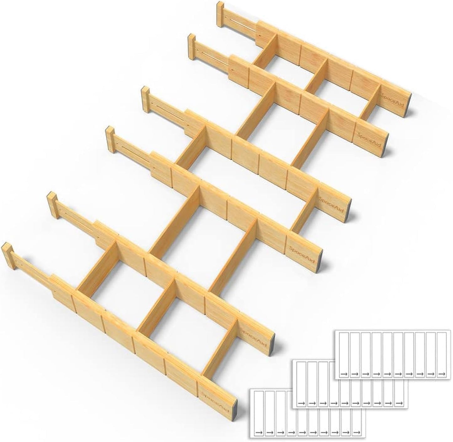 Bamboo Drawer Dividers with Inserts and Labels, Kitchen Adjustable Drawer Organizers