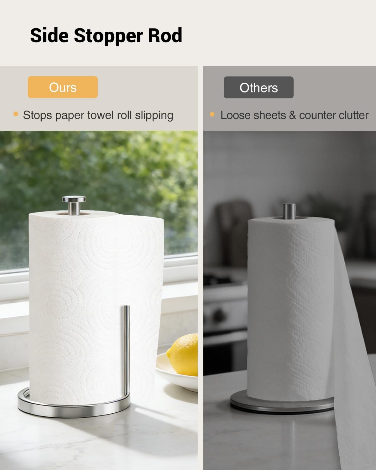 Paper Towel Holder Countertop, Stainless Steel, Anti Slip Base, Silver