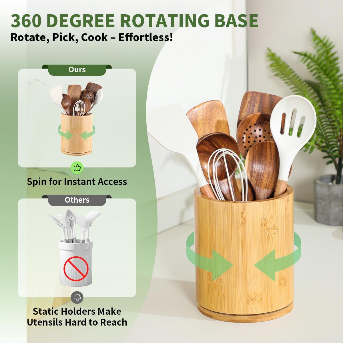 Wooden Utensil Holder, 360°Rotating 7.3'' Large Utensil Holder for Kitchen Counter
