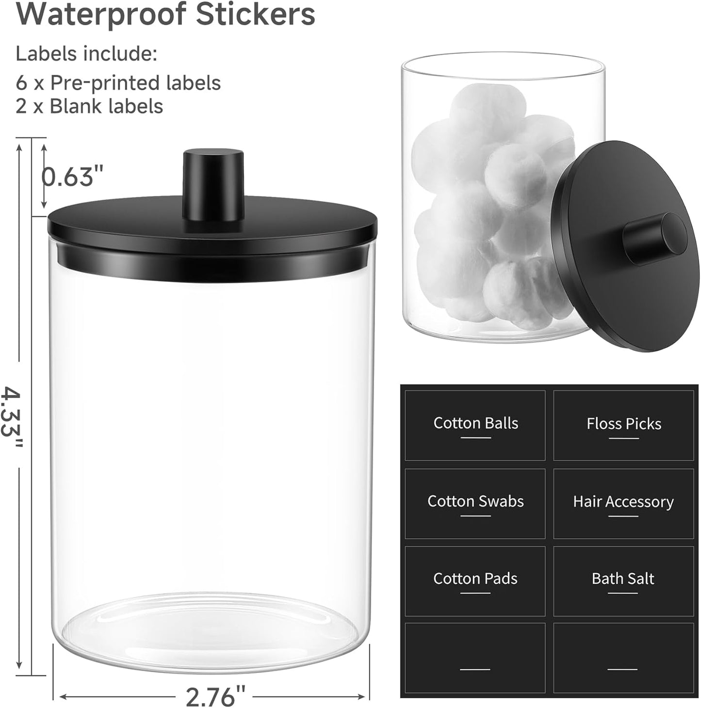 Glass Qtip Holder Dispenser - 10 oz Clear Canister Apothecary Jar