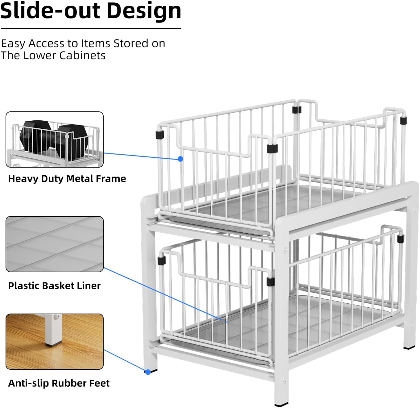 2 Tier Sliding Basket Drawer Organizer, Lxmons Pull Out Under Sink Cabinets Organizers