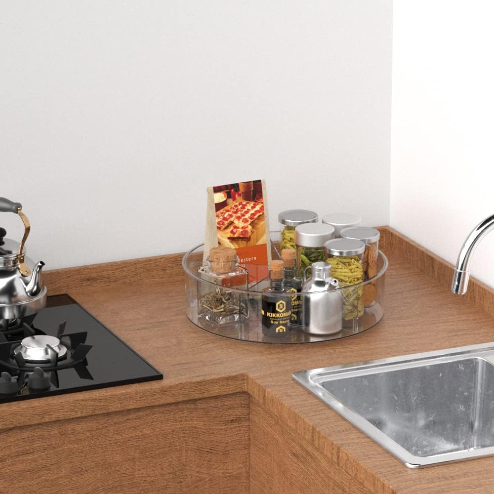 Lazy Susan Plastic Turntable Divided Spinner for Kitchen Cabinet, Pantry, Fridge, Cupboard