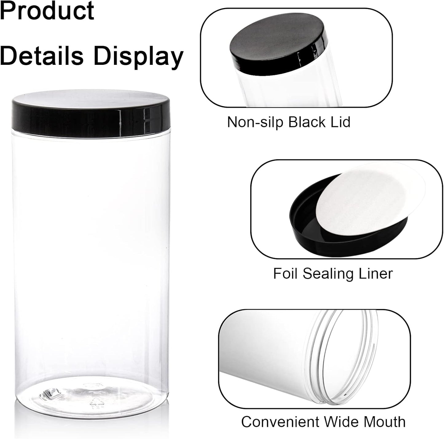 8 Pack 34 oz Clear Plastic Jars with Black Lids