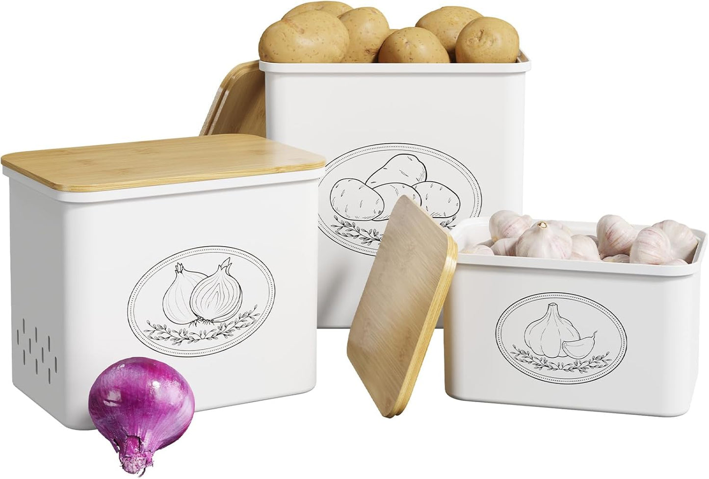 Potato and Onion Storage Bin, Stackable Garlic Keeper with Aerating Holes and Lid