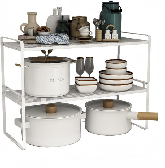 2 Pack Stackable Cabinet Shelf Organizer - Heavy-Duty Coated Metal Storage Rack