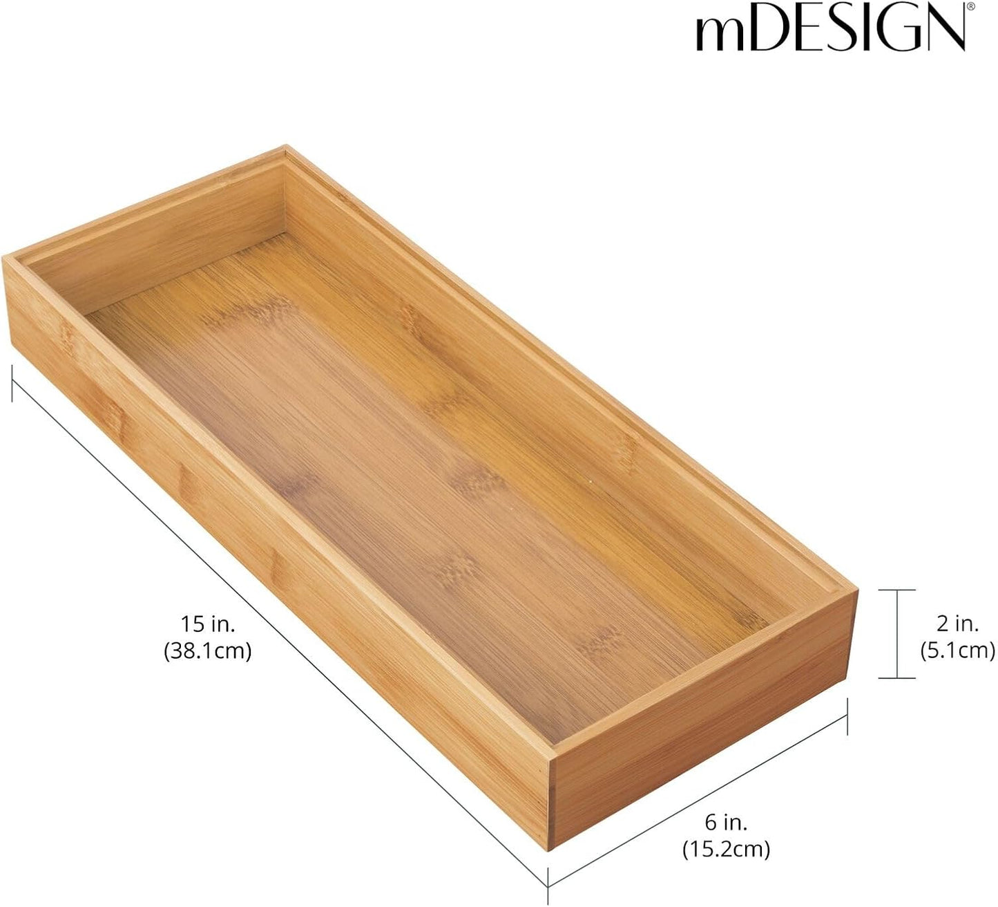 Wooden Bamboo Drawer Organizer - 15" Long Stackable Storage Box Tray for Kitchen Drawers/Cabinet