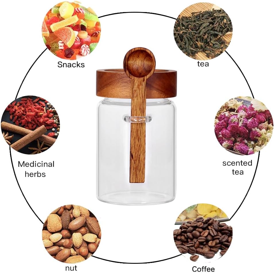 Loose Leaf Tea Storage Canister Set, 4 Pieces 16 OZ Glass Tea Containers with Wooden Lids and Spoons for Loose Tea, Coffee, Sugar, Oatmeal, Herbs (Tea Canisters)