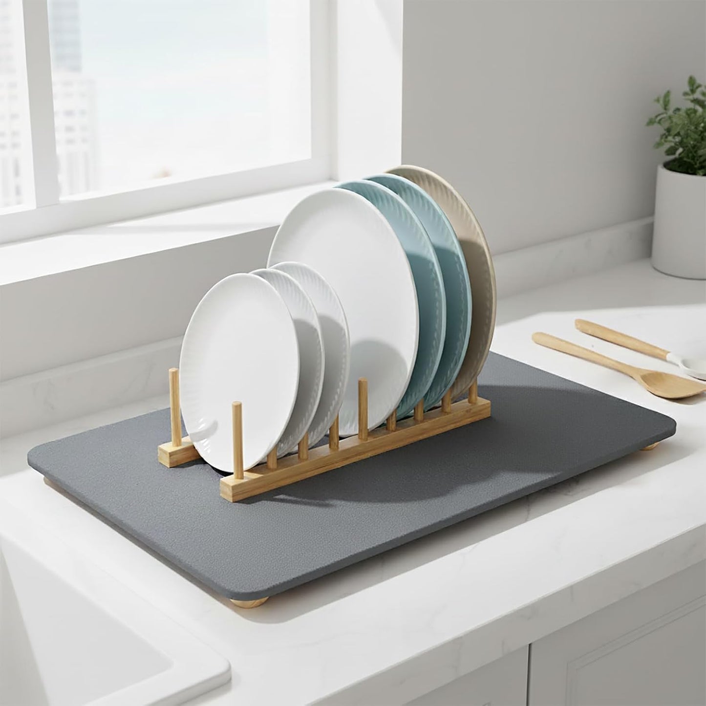 Stone Drying Mat for Kitchen Counter with Bamboo Rack&5 Wooden Feet ,20"×16" Natural Diatomaceous Earth Dish Drying Stone , Fast Absorbing, Minimalist Design for Modern Kitchens