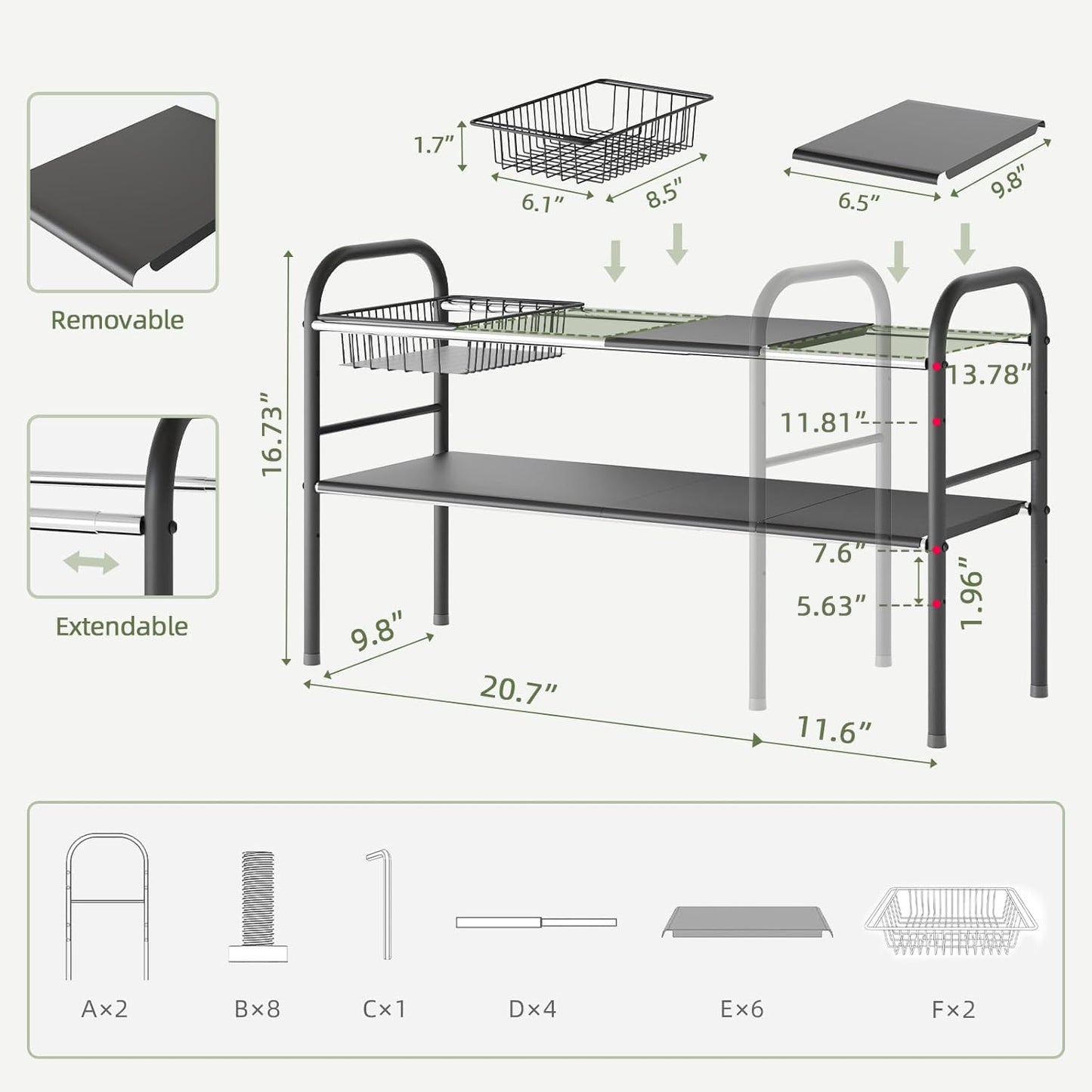 Under Sink Organizers and Storage, 2 Tier Expandable Under Cabinet Organizer Shelf with 2 Baskets and 6 Panels, Expandable Shelf for Cupboard, Kitchen, Bathroom, Shoe Storage Rack