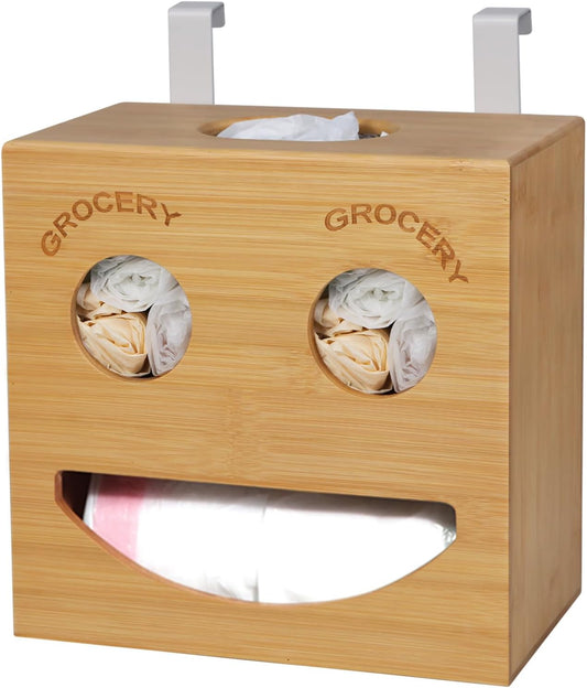 2-in-1 Trash Bag Dispenser & Grocery Bag Holder with Hanger for Standard Trash Bag Rolls