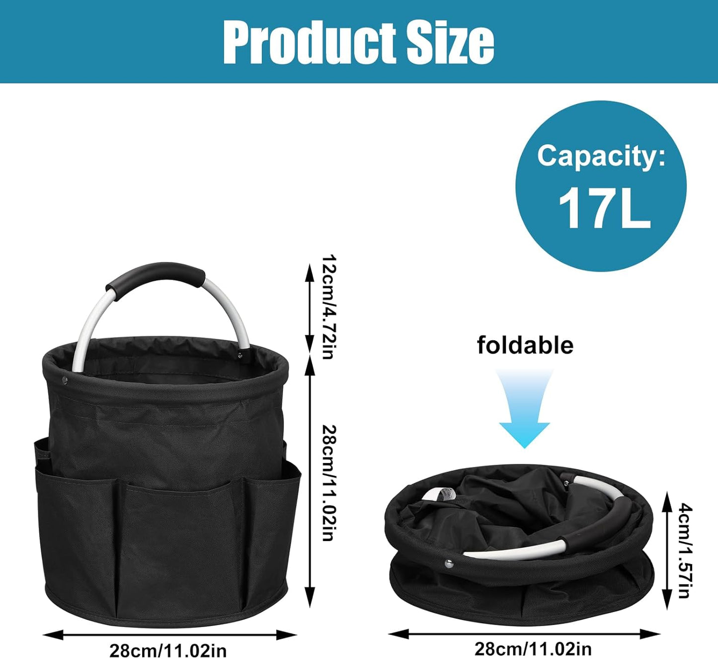 17L Cleaning Caddy with Handle, Cleaning Supply Caddy Foldable Tool Bag Cleaning Products Organizers Portable Cleaning Bucket Organiser for Storing Towels (Black)
