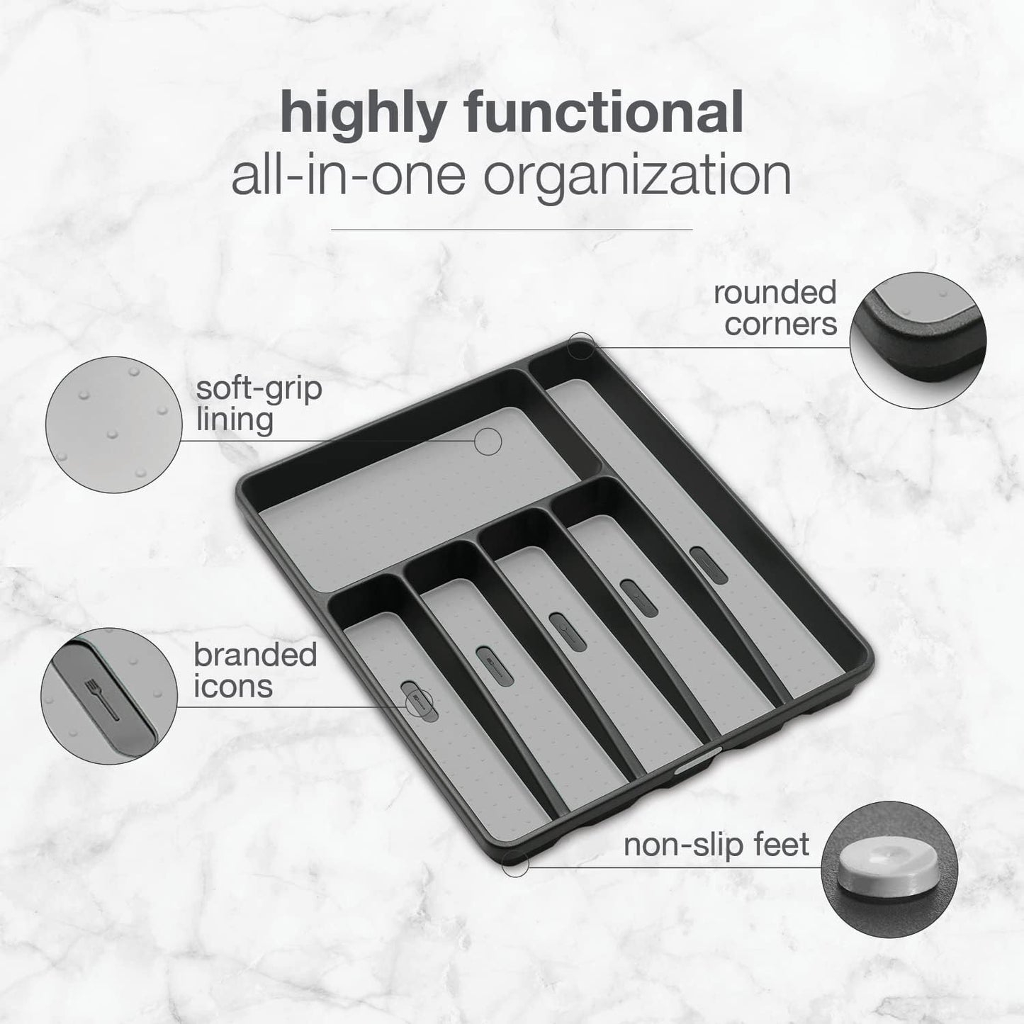 Classic Large Silverware Tray - Granite |CLASSIC COLLECTION | 6-Compartments| Kitchen Drawer Organizer | Soft-Grip Lining and Non-Slip Rubber Feet | BPA-Free