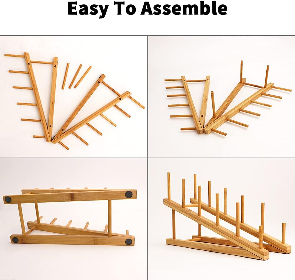 4 PCS Wooden Dish Drying Rack Bamboo Plate Dish Rack Stand Kitchen Cabinet Organizer Pot Lid Holder for Plate, Dish, Cup, Cutting Board, Bowl, Pot Lid