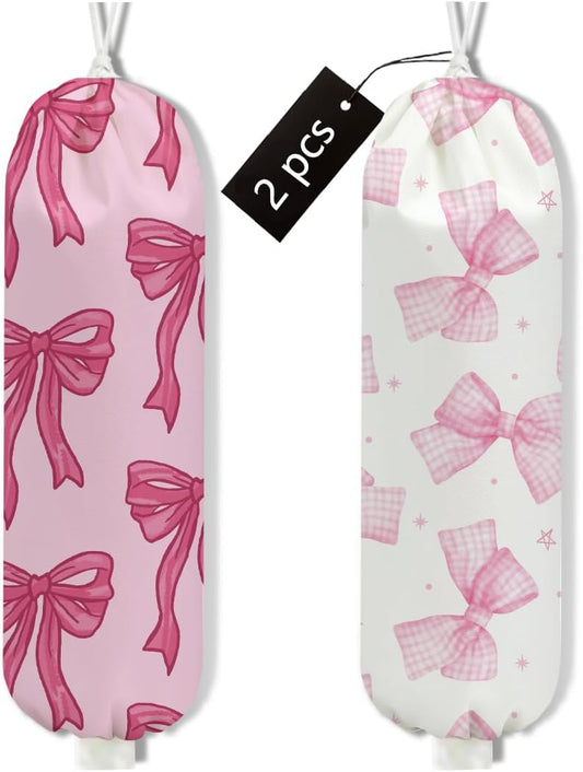 2Pcs Pink Bow Plastic Bag Holder, Wall Mount Grocery Bag Holder, Plastic Bags Organizer