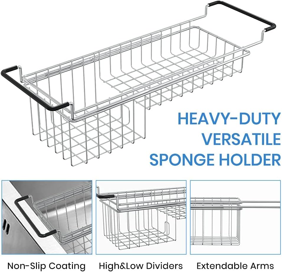 Over The Kitchen Sink Caddy Sponge Holder Organizer Drying Rack Expandable for Sponge Brush Soap 13.8" to 20.8", Stainless Steel