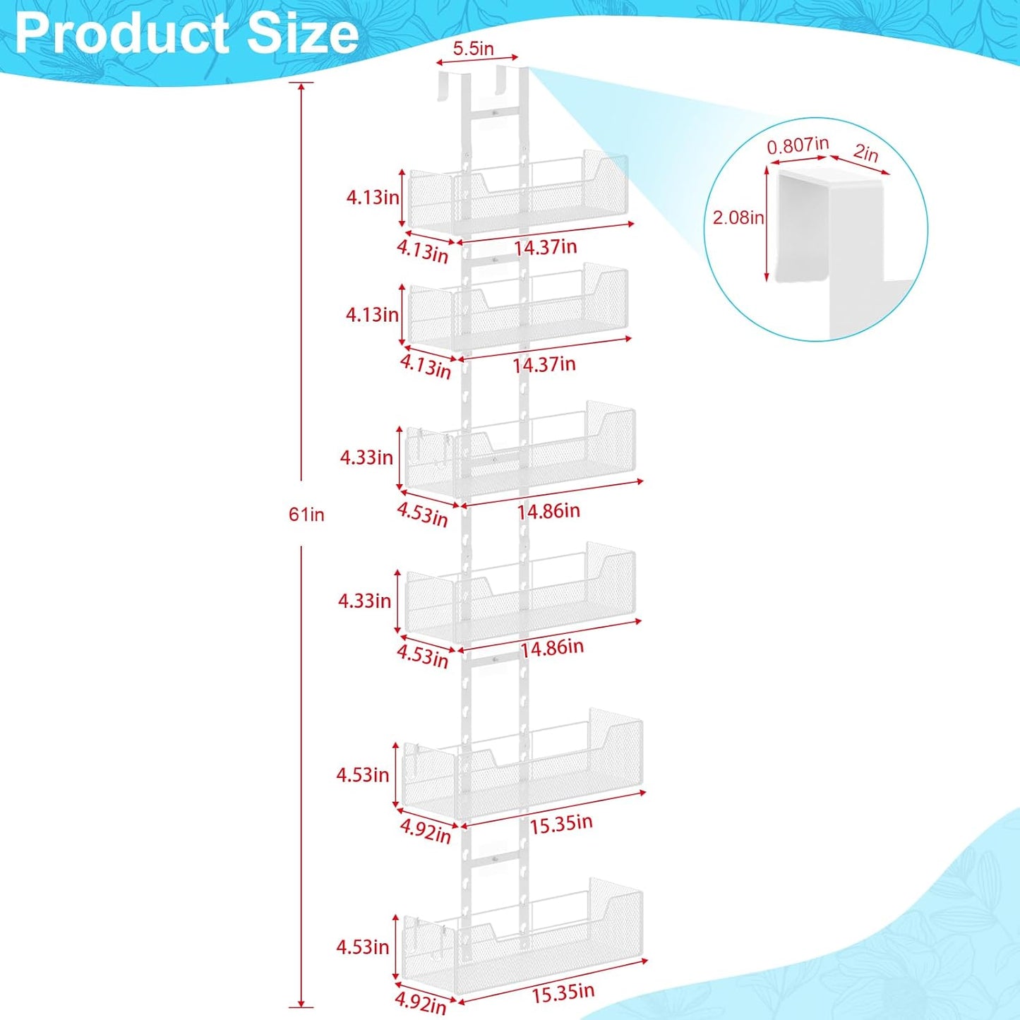 Over The Door Organizer, Metal Hanging Door Organizer with 6 Adjustable Baskets and 5 Hooks