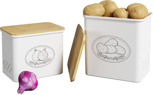 Potato and Onion Storage Bin, Stackable Garlic Keeper with Aerating Holes and Lid