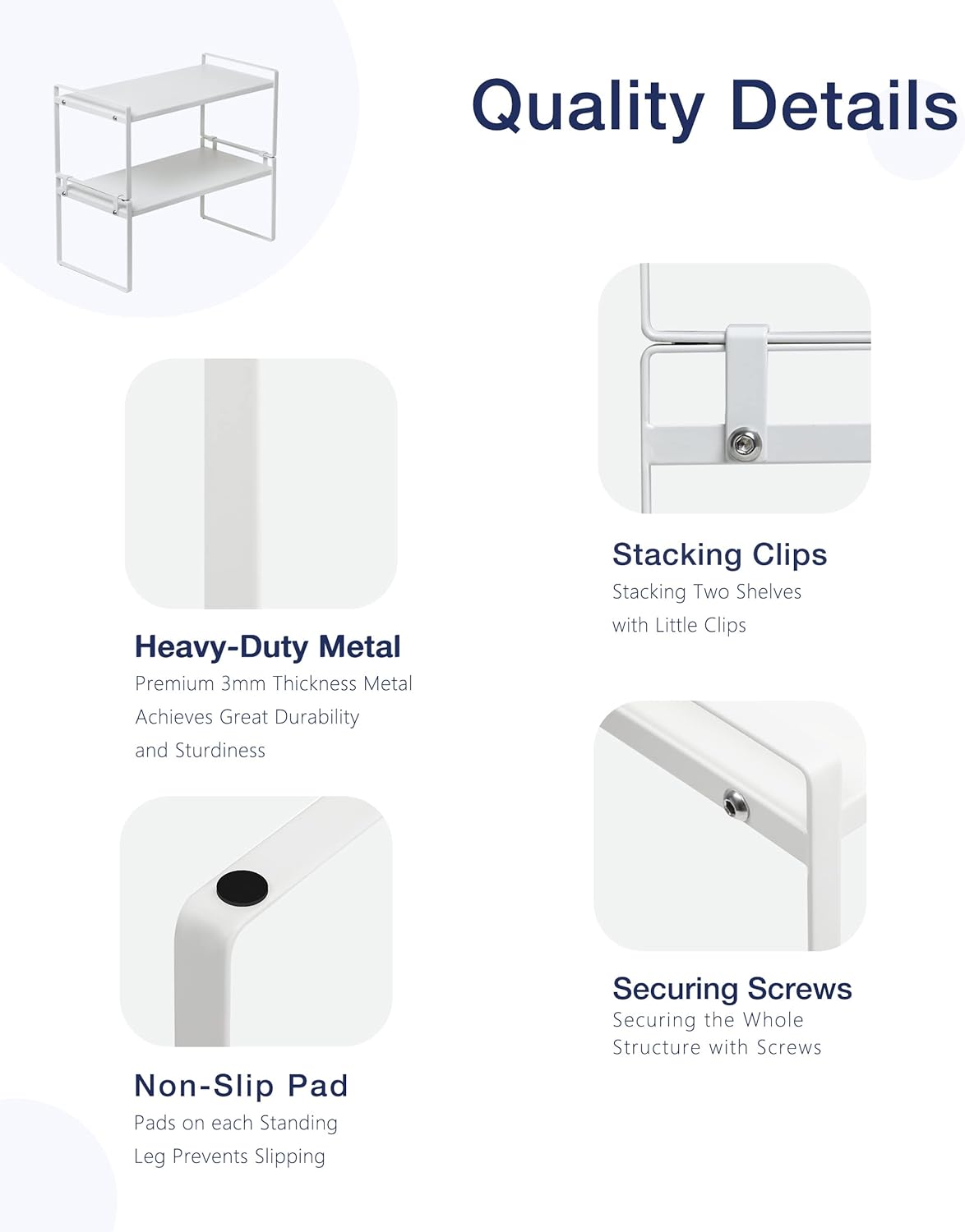 2Pack Cabinet Shelves Stackable Shelf Organizer Rack Riser for Kitchen Cabinet Pantry Cupboard Counter Countertop Home Organization Storage Space Saver Heavy Duty Metal Nonslip White