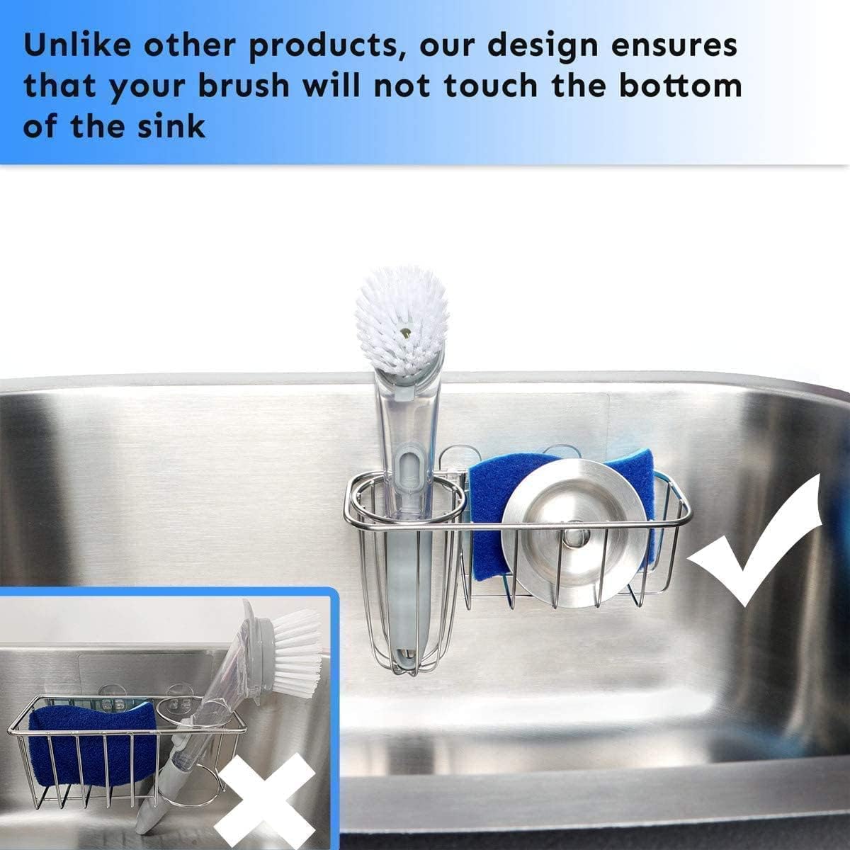 3-in-1 Sponge Holder for Kitchen Sink with Dish Brush Holder, Stainless Steel Caddy for Soap