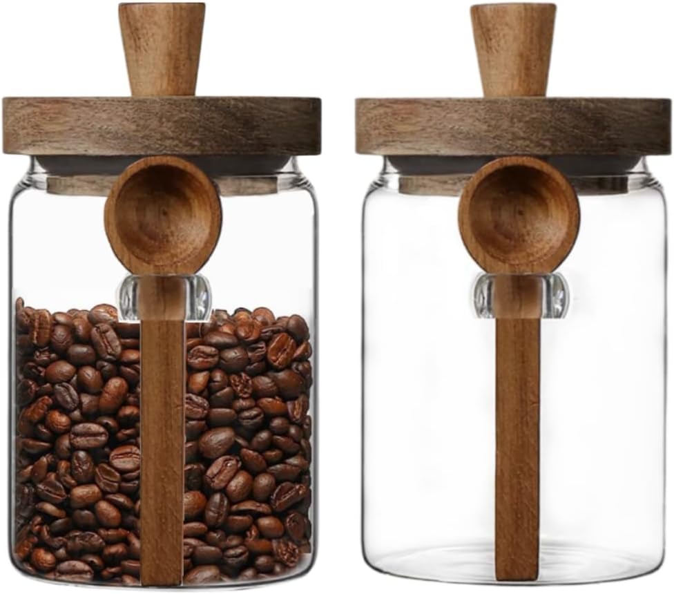 Set of 2 Glass Food Storage Jars with Bamboo Wood Lid and Spoon