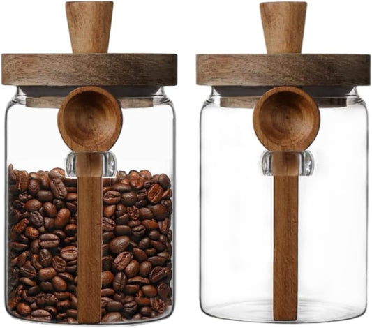 Set of 2 Glass Food Storage Jars with Bamboo Wood Lid and Spoon